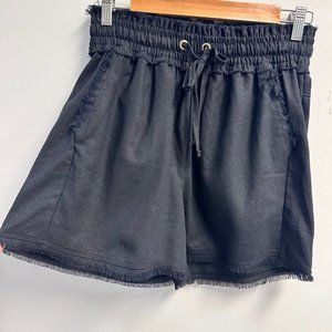 Linen Frayed Hem Drawstring Shorts with Pockets-Black